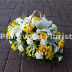 Mixed Flowers Funeral Basket - Yellow and White BKT21