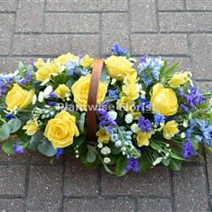 Delphinium and Roses Basket in Yellow &amp; Blue
