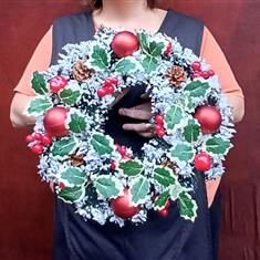 Christmas Silk Pine Wreath with Holly, Snow &amp; Apples