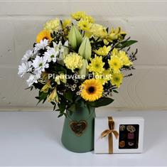 Eco Friendly Flowers In Yellow &amp; White with Chocolates