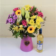 Eco Friendly Flowers In Bright Pinks &amp; Yellows With White Wine