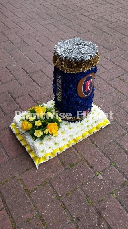 3D Fosters Beer Can Wreath With Flower Cluster Funeral Flowers 3d-fosters-beer-can-wreath-with-flower-cluster-funeral-flowers